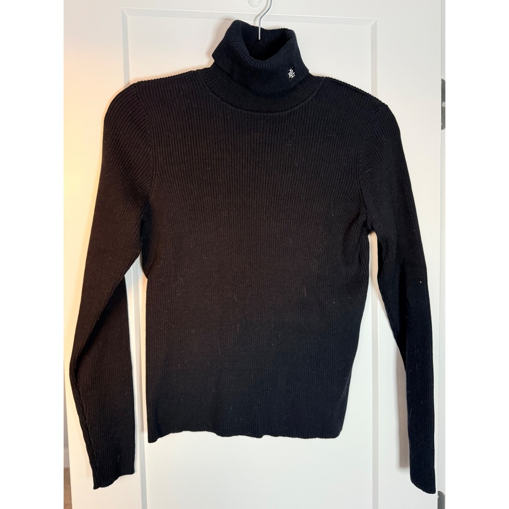 Lauren Ralph Lauren Petite Black Ribbed Turtleneck Sweater Cotton RL Logo PM
